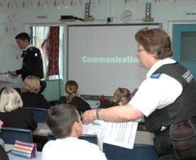 PCSOs Jamie Newson and Thora Taylor at Saxmundham Middle School ~ pic contributed 
